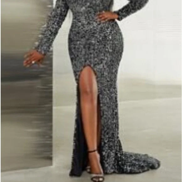 Silver Sequin Long Sleeve Gown with Mock Neck - Picture 8 of 11